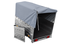 Laden Sie das Bild in den Galerie-Viewer, Leichtanhänger auf Blattfedern 200×125 UNITRAILER GARDEN 201/R KIPP mit BIS-Seiten, H-800-Rahmen und grauer Plane-Neu