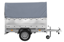 Laden Sie das Bild in den Galerie-Viewer, Leichtanhänger auf Blattfedern 200×125 UNITRAILER GARDEN 201/R KIPP mit BIS-Seiten, H-800-Rahmen und grauer Plane-Neu