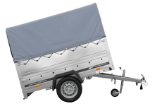 Laden Sie das Bild in den Galerie-Viewer, Leichtanhänger auf Blattfedern 200×125 UNITRAILER GARDEN 201/R KIPP mit BIS-Seiten, H-800-Rahmen und grauer Plane-Neu