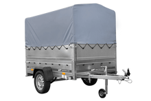 Laden Sie das Bild in den Galerie-Viewer, Leichtanhänger auf Blattfedern 200×125 UNITRAILER GARDEN 201/R KIPP mit BIS-Seiten, H-800-Rahmen und grauer Plane-Neu