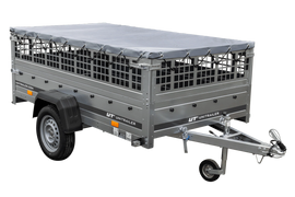 Leichter Anhänger auf Blattfedern 230×125 UNITRAILER GARDEN 230/R KIPP mit Gitterwänden, H-0-Rahmen und grauer Plane-Neu
