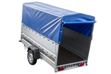 Laden Sie das Bild in den Galerie-Viewer, Leichter Anhänger auf Blattfedern 264×125 UNITRAILER FORCE 264/R KIPP mit BIS-Seitenwänden, H-800-Rahmen und blauer Plane-Neu