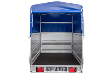 Laden Sie das Bild in den Galerie-Viewer, Leichter Anhänger auf Blattfedern 264×125 UNITRAILER FORCE 264/R KIPP mit BIS-Seitenwänden, H-800-Rahmen und blauer Plane-Neu