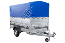 Laden Sie das Bild in den Galerie-Viewer, Leichter Anhänger auf Blattfedern 264×125 UNITRAILER FORCE 264/R KIPP mit BIS-Seitenwänden, H-800-Rahmen und blauer Plane-Neu