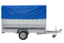 Laden Sie das Bild in den Galerie-Viewer, Leichter Anhänger auf Blattfedern 264×125 UNITRAILER FORCE 264/R KIPP mit BIS-Seitenwänden, H-800-Rahmen und blauer Plane-Neu