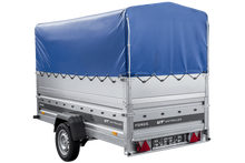 Laden Sie das Bild in den Galerie-Viewer, Leichter Anhänger auf Blattfedern 264×125 UNITRAILER FORCE 264/R KIPP mit BIS-Seitenwänden, H-800-Rahmen und blauer Plane-Neu
