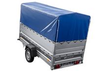 Laden Sie das Bild in den Galerie-Viewer, Leichter Anhänger auf Blattfedern 264×125 UNITRAILER FORCE 264/R KIPP mit BIS-Seitenwänden, H-800-Rahmen und blauer Plane-Neu