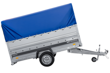 Laden Sie das Bild in den Galerie-Viewer, Leichter Anhänger auf Blattfedern 264×125 UNITRAILER FORCE 264/R KIPP mit BIS-Seitenwänden, H-800-Rahmen und blauer Plane-Neu