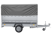 Laden Sie das Bild in den Galerie-Viewer, Leichter Anhänger auf Blattfedern 264×125 UNITRAILER FORCE 264/R KIPP mit BIS-Seitenwänden, H-800-Rahmen und grauer Plane-Neu