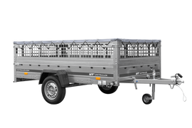 Leichter Anhänger auf Blattfedern 264×150 UNITRAILER GARDEN 265/R KIPP mit Gitterwänden, H-0 Rahmen und grauer Plane-Neu