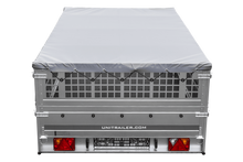 Laden Sie das Bild in den Galerie-Viewer, Leichter Anhänger auf Blattfedern 264×150 UNITRAILER GARDEN 265/R KIPP mit Gitterwänden, H-0 Rahmen und grauer Plane-Neu