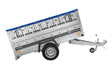 Laden Sie das Bild in den Galerie-Viewer, Leichter Anhänger auf Federn 230×125 UNITRAILER FORCE 230/R KIPP mit Gitterwänden, H-0-Rahmen und blauer Plane-Neu