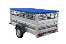Laden Sie das Bild in den Galerie-Viewer, Leichter Anhänger auf Federn 230×125 UNITRAILER FORCE 230/R KIPP mit Gitterwänden, H-0-Rahmen und blauer Plane-Neu