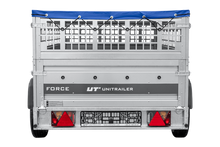 Laden Sie das Bild in den Galerie-Viewer, Leichter Anhänger auf Federn 230×125 UNITRAILER FORCE 230/R KIPP mit Gitterwänden, H-0-Rahmen und blauer Plane-Neu