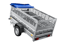 Laden Sie das Bild in den Galerie-Viewer, Leichter Anhänger auf Federn 230×125 UNITRAILER FORCE 230/R KIPP mit Gitterwänden, H-0-Rahmen und blauer Plane-Neu