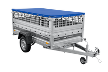 Laden Sie das Bild in den Galerie-Viewer, Leichter Anhänger auf Federn 230×125 UNITRAILER FORCE 230/R KIPP mit Gitterwänden, H-0-Rahmen und blauer Plane-Neu