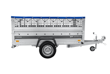 Laden Sie das Bild in den Galerie-Viewer, Leichter Anhänger auf Federn 230×125 UNITRAILER FORCE 230/R KIPP mit Gitterwänden, H-0-Rahmen und blauer Plane-Neu