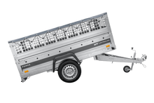 Laden Sie das Bild in den Galerie-Viewer, Leichter Anhänger auf Federn 230×125 UNITRAILER FORCE 230/R KIPP mit Gitterwänden, H-0-Rahmen und grauer Plane-Neu
