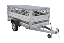 Laden Sie das Bild in den Galerie-Viewer, Leichter Anhänger auf Federn 230×125 UNITRAILER FORCE 230/R KIPP mit Gitterwänden, H-0-Rahmen und grauer Plane-Neu