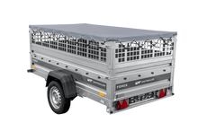 Laden Sie das Bild in den Galerie-Viewer, Leichter Anhänger auf Federn 230×125 UNITRAILER FORCE 230/R KIPP mit Gitterwänden, H-0-Rahmen und grauer Plane-Neu