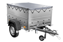 Laden Sie das Bild in den Galerie-Viewer, Neu Anhänger GARDEN TRAILER 150 KIPP mit zusätzlichen Bordwänden, Stützrad und Flachplane-Neu