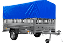 Laden Sie das Bild in den Galerie-Viewer, PKW-Anhänger 264×150 UNITRAILER GARDEN 265 KIPP mit Gitteraufsatz, Hochspriegel H-800 und blauer Plane-Neu