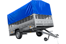 PKW-Anhänger 264×150 UNITRAILER GARDEN 265 KIPP mit Gitteraufsatz, Hochspriegel H-800 und blauer Plane-Neu
