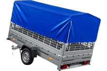 Laden Sie das Bild in den Galerie-Viewer, PKW-Anhänger 264×150 UNITRAILER GARDEN 265 KIPP mit Gitteraufsatz, Hochspriegel H-800 und blauer Plane-Neu