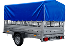 Laden Sie das Bild in den Galerie-Viewer, PKW-Anhänger 264×150 UNITRAILER GARDEN 265 KIPP mit Gitteraufsatz, Hochspriegel H-800 und blauer Plane-Neu