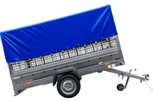 Laden Sie das Bild in den Galerie-Viewer, PKW-Anhänger 264×150 UNITRAILER GARDEN 265 KIPP mit Gitteraufsatz, Hochspriegel H-800 und blauer Plane-Neu