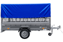 Laden Sie das Bild in den Galerie-Viewer, PKW-Anhänger 264×150 UNITRAILER GARDEN 265 KIPP mit Gitteraufsatz, Hochspriegel H-800 und blauer Plane-Neu