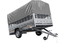 PKW-Anhänger 264×150 UNITRAILER GARDEN 265 KIPP mit Gitteraufsatz, Hochspriegel H-800 und grauer Plane-Neu