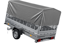 Laden Sie das Bild in den Galerie-Viewer, PKW-Anhänger 264×150 UNITRAILER GARDEN 265 KIPP mit Gitteraufsatz, Hochspriegel H-800 und grauer Plane-Neu