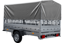 Laden Sie das Bild in den Galerie-Viewer, PKW-Anhänger 264×150 UNITRAILER GARDEN 265 KIPP mit Gitteraufsatz, Hochspriegel H-800 und grauer Plane-Neu