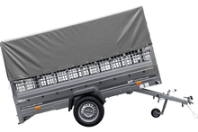 Laden Sie das Bild in den Galerie-Viewer, PKW-Anhänger 264×150 UNITRAILER GARDEN 265 KIPP mit Gitteraufsatz, Hochspriegel H-800 und grauer Plane-Neu