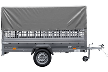 Laden Sie das Bild in den Galerie-Viewer, PKW-Anhänger 264×150 UNITRAILER GARDEN 265 KIPP mit Gitteraufsatz, Hochspriegel H-800 und grauer Plane-Neu