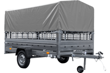 Laden Sie das Bild in den Galerie-Viewer, PKW-Anhänger 264×150 UNITRAILER GARDEN 265 KIPP mit Gitteraufsatz, Hochspriegel H-800 und grauer Plane-Neu
