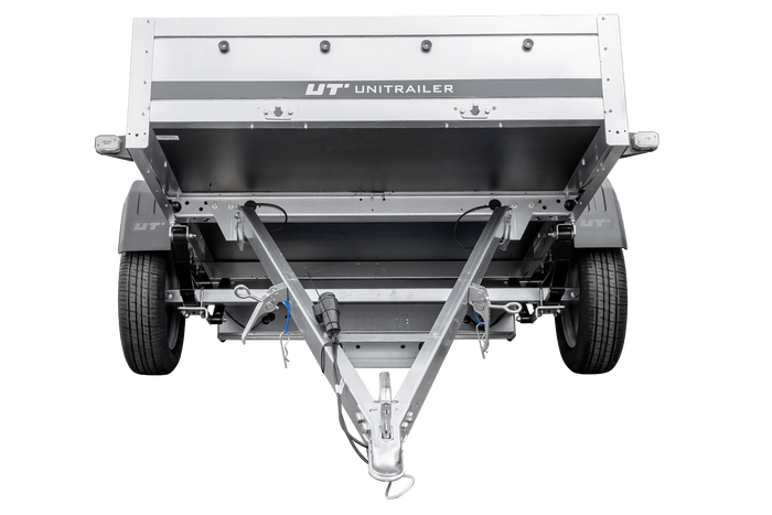 PKW-Anhänger auf Blattfedern 230×125 UNITRAILER GARDEN 230/R KIPP mit H-1100 Rahmen und blauer Plane-Neu