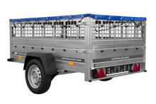 Laden Sie das Bild in den Galerie-Viewer, PKW-Anhänger auf Federn 200×125 UNITRAILER GARDEN 201/R KIPP mit Gitterwänden, H-0-Rahmen und blauer Plane-Neu