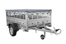Laden Sie das Bild in den Galerie-Viewer, PKW-Anhänger auf Federn 200×125 UNITRAILER GARDEN 201/R KIPP mit Gitterwänden, H-0-Rahmen und grauer Plane-Neu