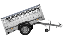 Laden Sie das Bild in den Galerie-Viewer, PKW-Anhänger auf Federn 200×125 UNITRAILER GARDEN 201/R KIPP mit Gitterwänden, H-0-Rahmen und grauer Plane-Neu