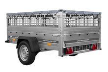 Laden Sie das Bild in den Galerie-Viewer, PKW-Anhänger auf Federn 200×125 UNITRAILER GARDEN 201/R KIPP mit Gitterwänden, H-0-Rahmen und grauer Plane-Neu