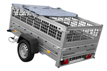 Laden Sie das Bild in den Galerie-Viewer, PKW-Anhänger auf Federn 200×125 UNITRAILER GARDEN 201/R KIPP mit Gitterwänden, H-0-Rahmen und grauer Plane-Neu