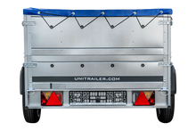 Laden Sie das Bild in den Galerie-Viewer, PKW-Anhänger auf Federn 230×125 UNITRAILER GARDEN 230/R KIPP mit BIS-Bordwänden, H-0-Rahmen und blauer Plane-Neu