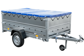 PKW-Anhänger auf Federn 230×125 UNITRAILER GARDEN 230/R KIPP mit BIS-Bordwänden, H-0-Rahmen und blauer Plane-Neu
