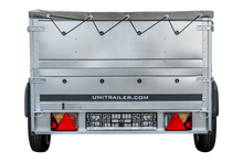 Laden Sie das Bild in den Galerie-Viewer, PKW-Anhänger auf Federn 230×125 UNITRAILER GARDEN 230/R KIPP mit BIS-Seiten, H-0-Rahmen und grauer Plane-Neu