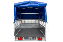 Laden Sie das Bild in den Galerie-Viewer, PKW-Anhänger auf Federn 230×125 UNITRAILER GARDEN 230/R KIPP mit Gitterwänden, H-800-Rahmen und blauer Plane-Neu