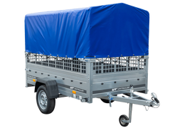 PKW-Anhänger auf Federn 230×125 UNITRAILER GARDEN 230/R KIPP mit Gitterwänden, H-800-Rahmen und blauer Plane-Neu