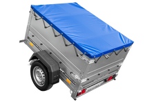 Laden Sie das Bild in den Galerie-Viewer, Pkw Anhänger Neu GARDEN TRAILER 150 KIPP mit zusätzlichen Bordwänden, Stützrad und blauer Flachplane-Neu