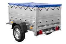 Laden Sie das Bild in den Galerie-Viewer, Pkw Anhänger Neu GARDEN TRAILER 150 KIPP mit zusätzlichen Bordwänden, Stützrad und blauer Flachplane-Neu